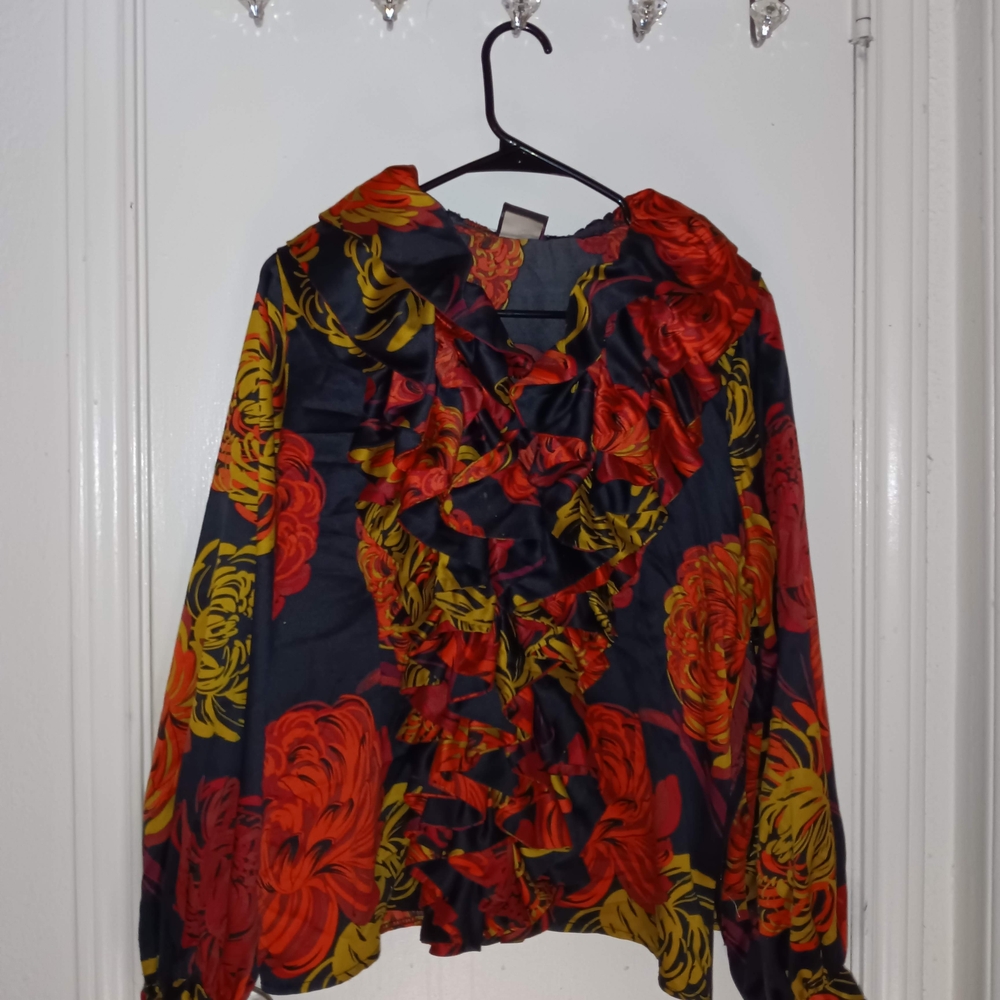 Ruffled Floral Long Sleeve Blouse - Red & Yellow on Black